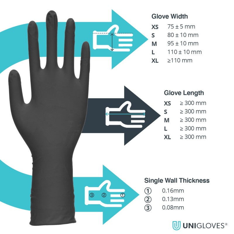Guantes Negros Látex Caña Larga Unigloves - Caja 100uds