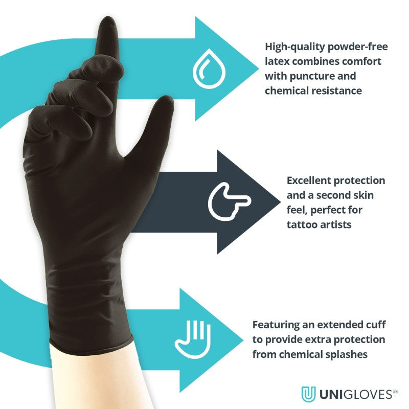 Guantes Negros Látex Caña Larga Unigloves - Caja 100uds