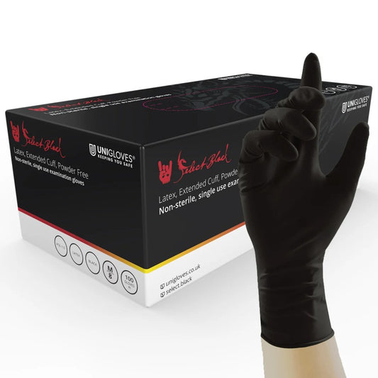 Guantes Negros Látex Caña Larga Unigloves - Caja 100uds